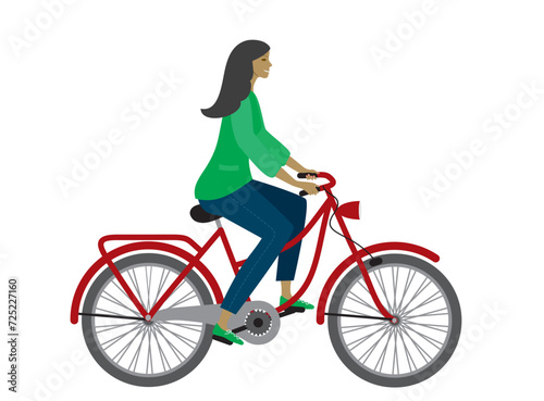 Fototapeta Naklejka Na Ścianę i Meble -  Woman bicycling on ordinary bicycle. Isolated on white background.
