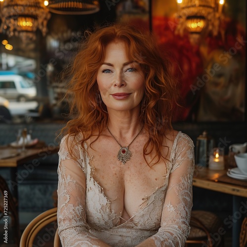 extremely gorgeous pretty fantastic mature 55 year old curvacious Irish redhead woman. Wearing a nice summer lace dress in a city cafe. photo