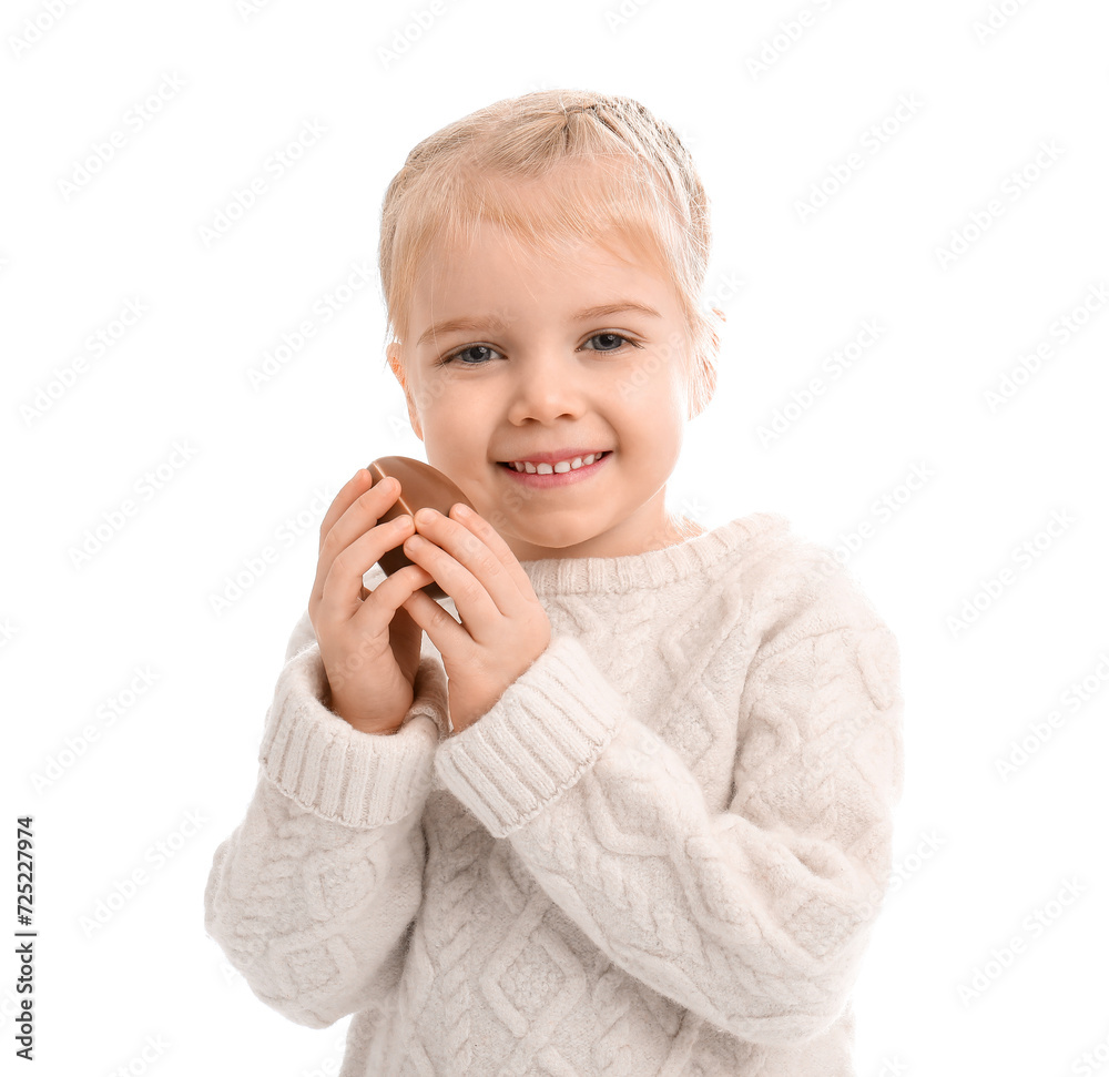 Cute little girl with chocolate egg on white background. Easter celebration Cute little girl with chocolate egg on white background. Easter celebration