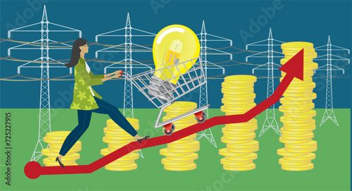 Higher and higher price for energy, electricity and delivering of it. Woman with shopping cart with light bulb. Economy, expenses transmission of energy. Dimension 16:9. Vector illustration.
