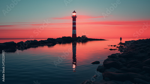 bright red light house at dusk close up with the sea and sky at a beautiful location