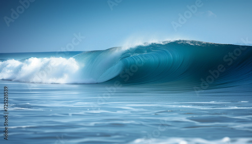 Crisp  turquoise wave curling perfectly with a spray of sea foam on a sunlit  pristine beach lined with lush greenery.