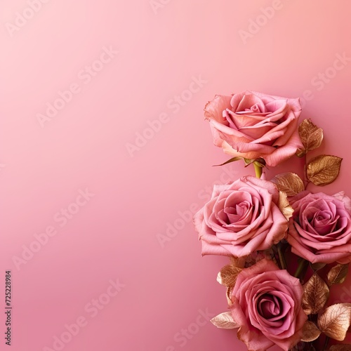 Vintage pink roses with gold leaves on a clean light background. For greeting card design.