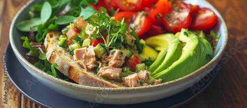 Bowl of ciabatta toasts accompanied by tuna and avocado salad