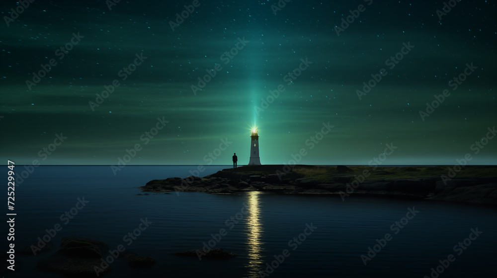a green light house on the lake in the night