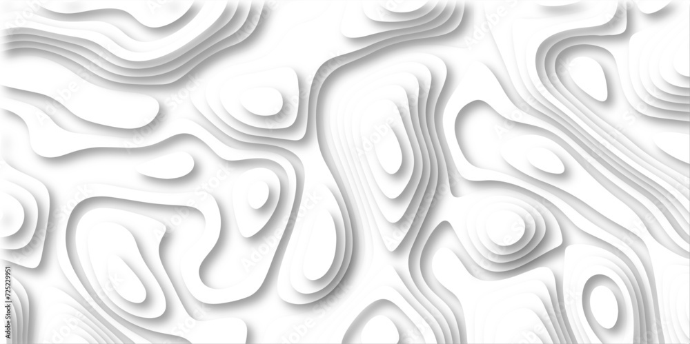 3D Papercut Stylized White topographic contour scheme and terrain. Topography grid map. Contour map background. Geographic line mountain relief. Abstract lines or wavy backdrop background.