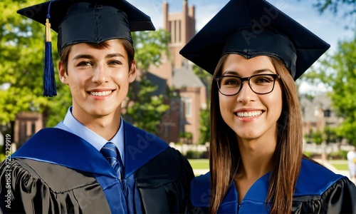 Happy proud mother and son college graduates in caps and gowns