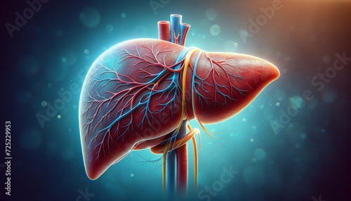 Anatomically Accurate Human Liver with Vascular Network on a Blue Biological Background photo