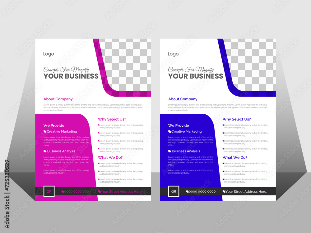 Obraz premium Modern flyer template design set, a bundle of 2 templates of different colors.