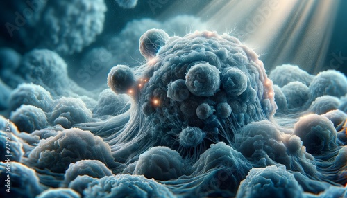 close-up view of a group of stylized cancer cells in a dynamic photo
