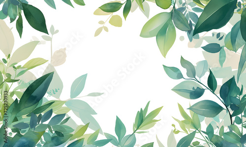 Green leaves watercolor background invitation template, Generative AI	 photo