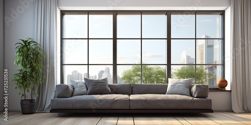 Create contemporary indoor space with couch and sizable window.