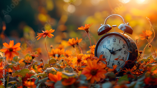 Daylight saving time ends. Alarm clock on beautiful nature background with summer flowers and autumn leaves. Summer time end and fall season coming. Clock turn backward to winter time. Autumn equinox photo
