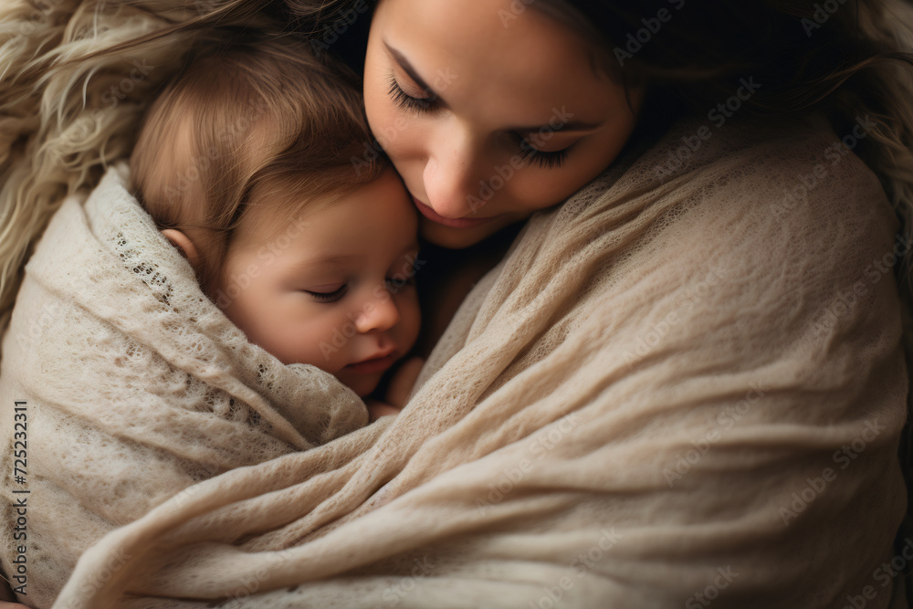 Young Mother Cuddling Her Sleeping Baby in a Warm Beige Blanket. Family Affection Concept Young Mother Cuddling Her Sleeping Baby in a Warm Beige Blanket. Family Affection Concept