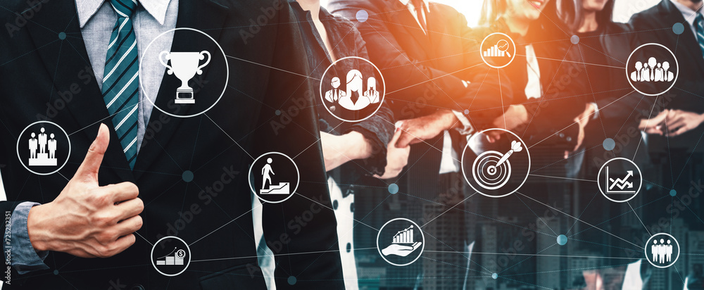 Φωτογραφία Achievement and Business Goal Success Concept - Creative business people with icon graphic interface showing employee reward giving for business success achievement