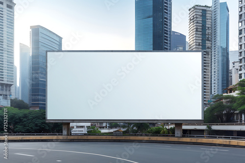 Blank billboard on the road with cityscape background. 3d rendering