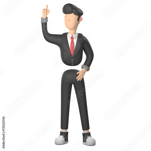  3D Businessman Character Thinking Pointing Finger Up