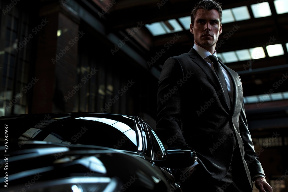 man in a suit stands beside a car in a warehouse, with light streaming through the windows creating a dynamic contrast