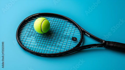 Black tennis racket with tennis ball on blue background. Generative Ai