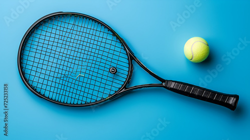 Black tennis racket with tennis ball on blue background. Generative Ai © Saleem