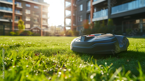 Automatic robot lawnmower mows grass on green lawn. Automated lawn mower cutting plants in summer garden near house. Modern gardening equipment. generative ai photo