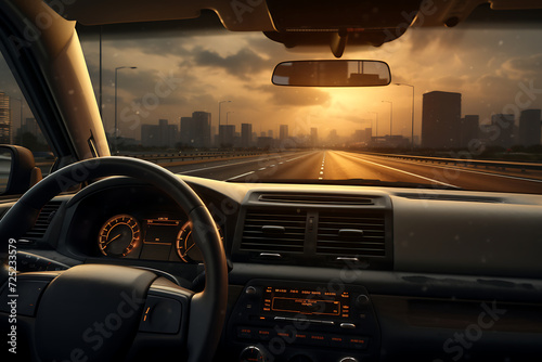 car on the road with cityscape background at sunset, 3d render © Creative
