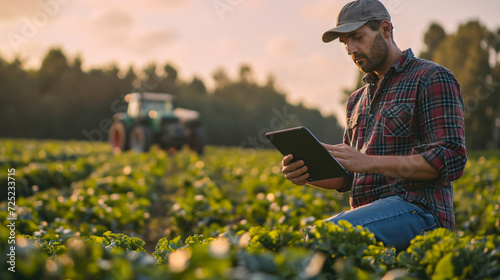 Young farmer standing in filed with tablet examining Vegetables farm