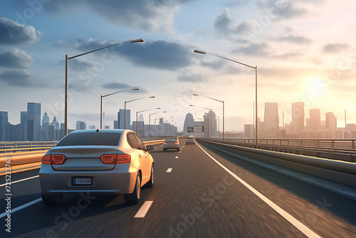 car on the road with cityscape background at sunset  3d render