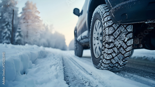 Car on snow road, Closeup of winter tires on snowy highway © Saleem