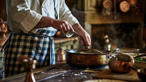 Chef preparing gourmet meal in rustic kitchen. Culinary arts and professionalism.