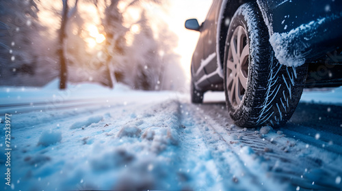 Car on snow road, Closeup of winter tires on snowy highway © Saleem