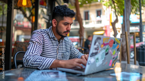 Focused young man working on laptop at outdoor cafe. Remote work and digital nomad lifestyle.