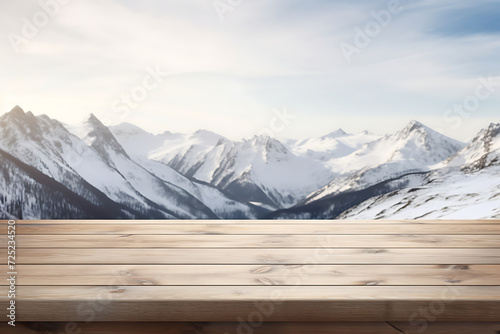 Wooden table top on mountain background. For montage product display