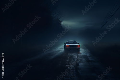 Car driving on a wet road at night in the misty forest © Creative