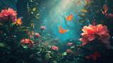 Enchanted forest scene with vibrant flowers and butterflies. Fantasy and wonder.