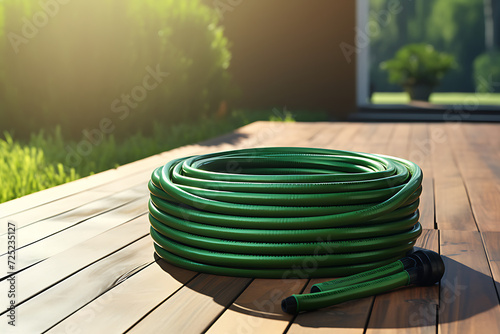 Garden hose with on a wooden deck in the garden. photo