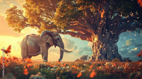 Elephant wandering in serene flower field at sunset. Wildlife and nature.