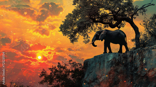 Elephant silhouette against vibrant sunset in savanna. Wildlife and nature.