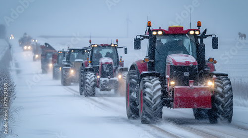 Row of tractors drives along the road, surrounded by snow-covered fields. Agricultural workers go to protest rally against tax increases, changes in law, abolition of benefit. generative ai