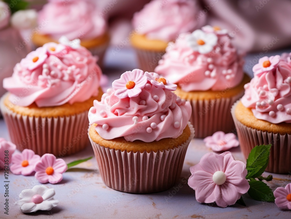 cupcakes with pink flower frosting and sprinkles