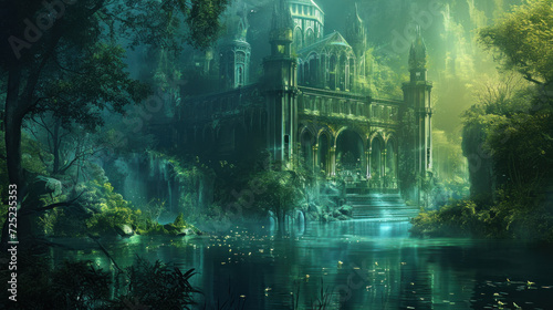 Mystical fantasy palace amid enchanted forest with waterfalls. Fantasy world background.