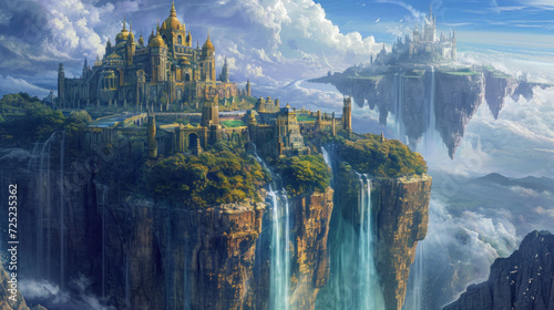 Fantasy castle atop vertical cliffs with waterfalls and floating islands. Mythical landscapes.