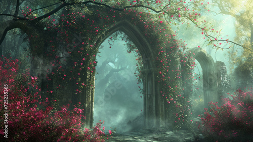 Mystical archway in forest with blooming flowers. Fantasy and magic.