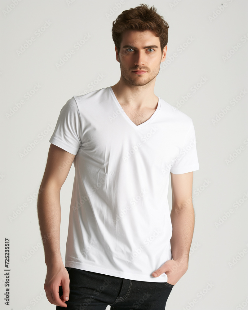 white v neck tee shirt by man on white background white v neck tee shirt by man on white background