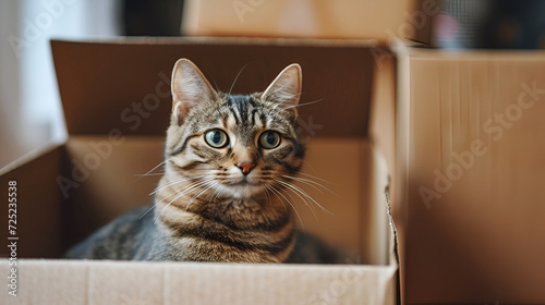 Moving to new home, donation concept. Stack of cardboard boxes and cat sitting in empty cardboard box inside the room. generative ai