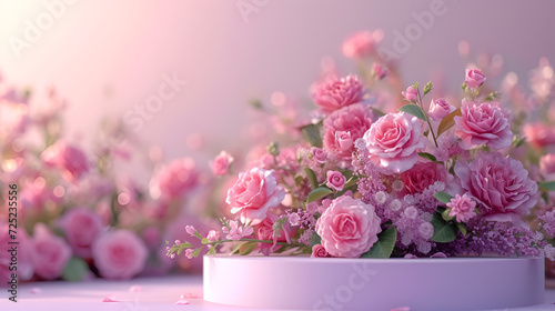 Podium background flower rose product pink 3d spring table beauty stand display nature white. Garden rose floral summer background podium cosmetic valentine easter field scene gift purple day romantic