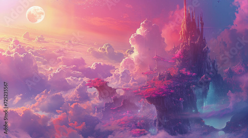 Fantasy landscape with majestic castle among clouds. Dreamy scenery and imagination.