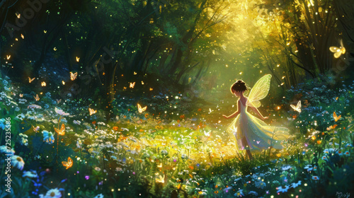 Magical fairy in enchanted forest glade. Fantasy and imagination.