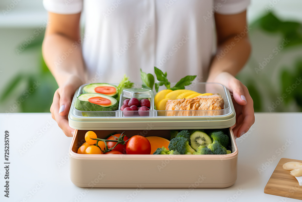 Healthy lunch box with fresh vegetables and fruits in woman's hands Healthy lunch box with fresh vegetables and fruits in woman's hands