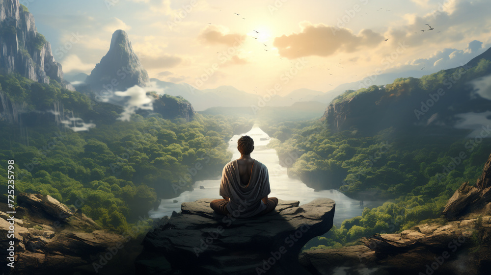 A man practicing meditation in the mountain at sun set